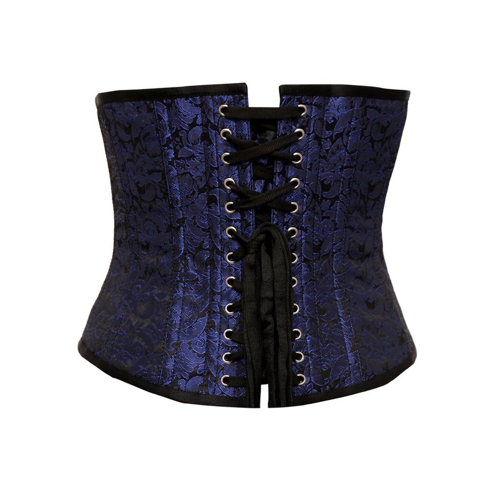 Corset Queen Ubai Blue Brocade Underbust Corset steel busk damask plus size 40
